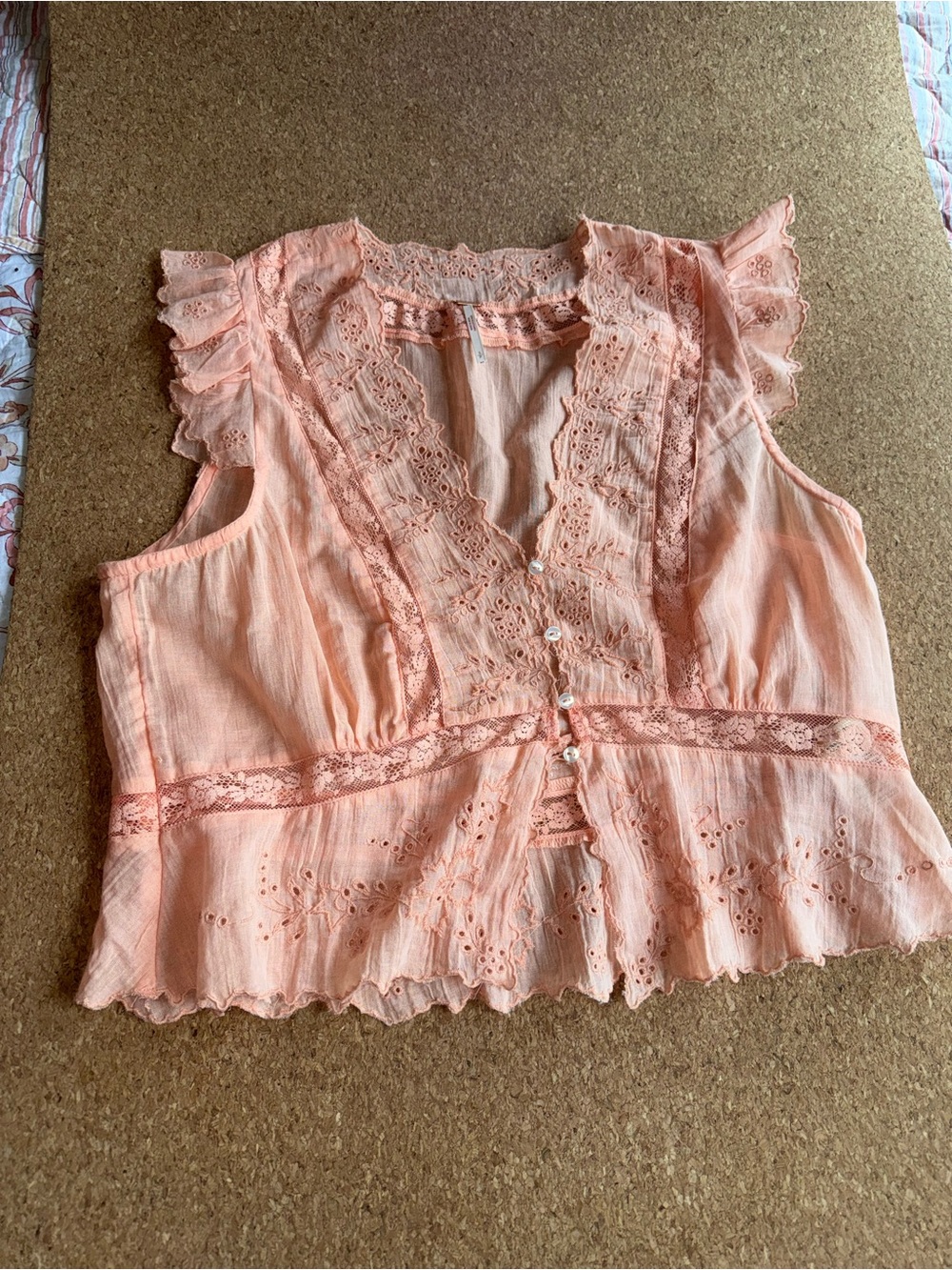 Free People Peach Lace Trim Sleeveless Blouse - Women Tops